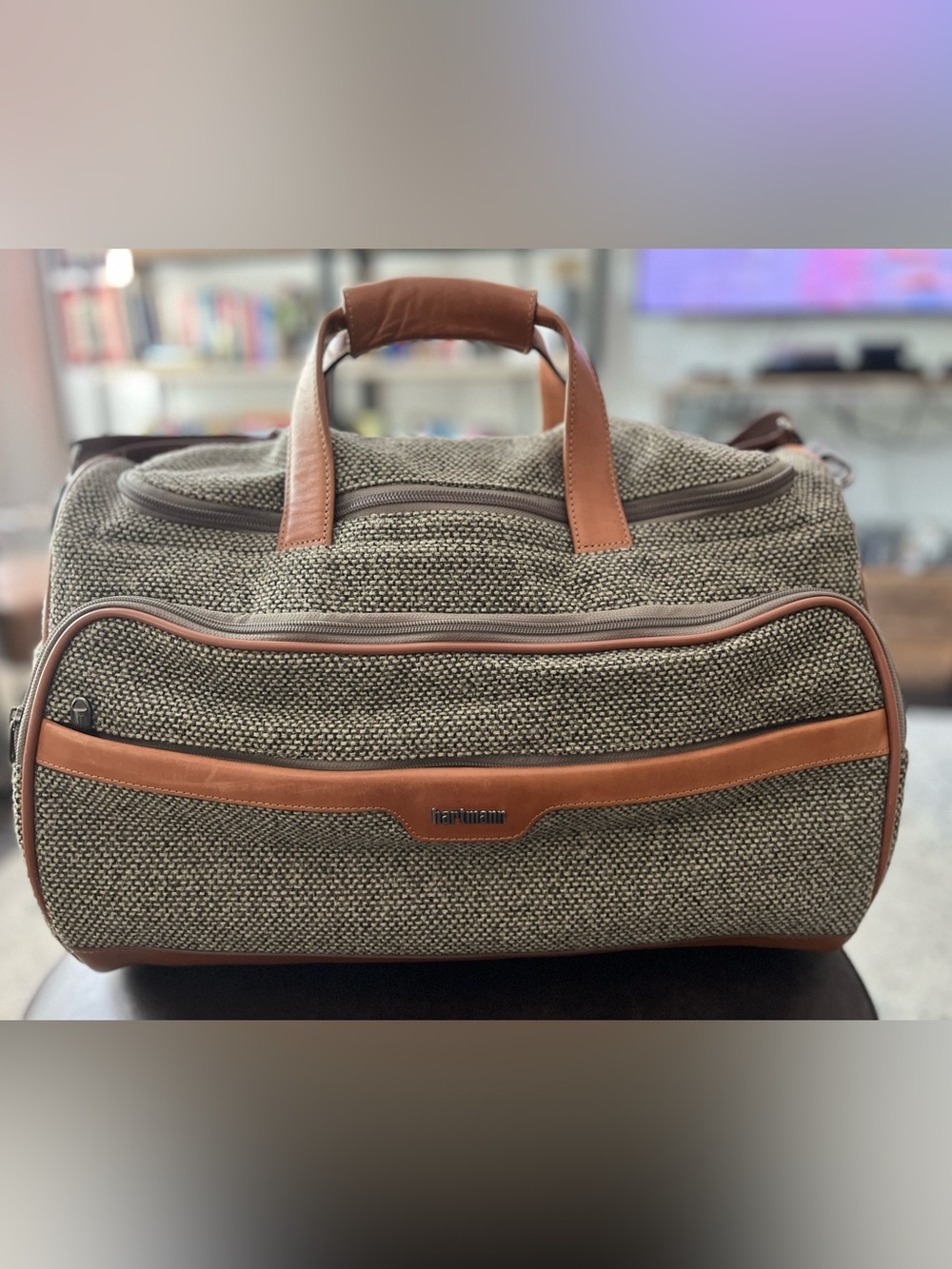 Hartmann Taupe Woven Travel Duffel with Cognac Leather Trim